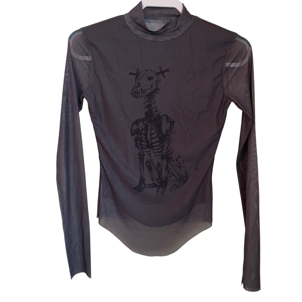 Gray Skeleton Dog Mock Neck Mesh Long Sleeve Top Size S Gothic Grunge Punk - Picture 1 of 8